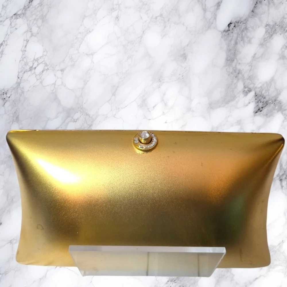 Gold Metallic Evening Clutch Bag Rhinestone Clasp Chain Strap Statement Party Pu